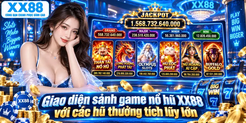 Giao diện sảnh game nổ hũ XX88 với các hũ thưởng tích lũy lớn